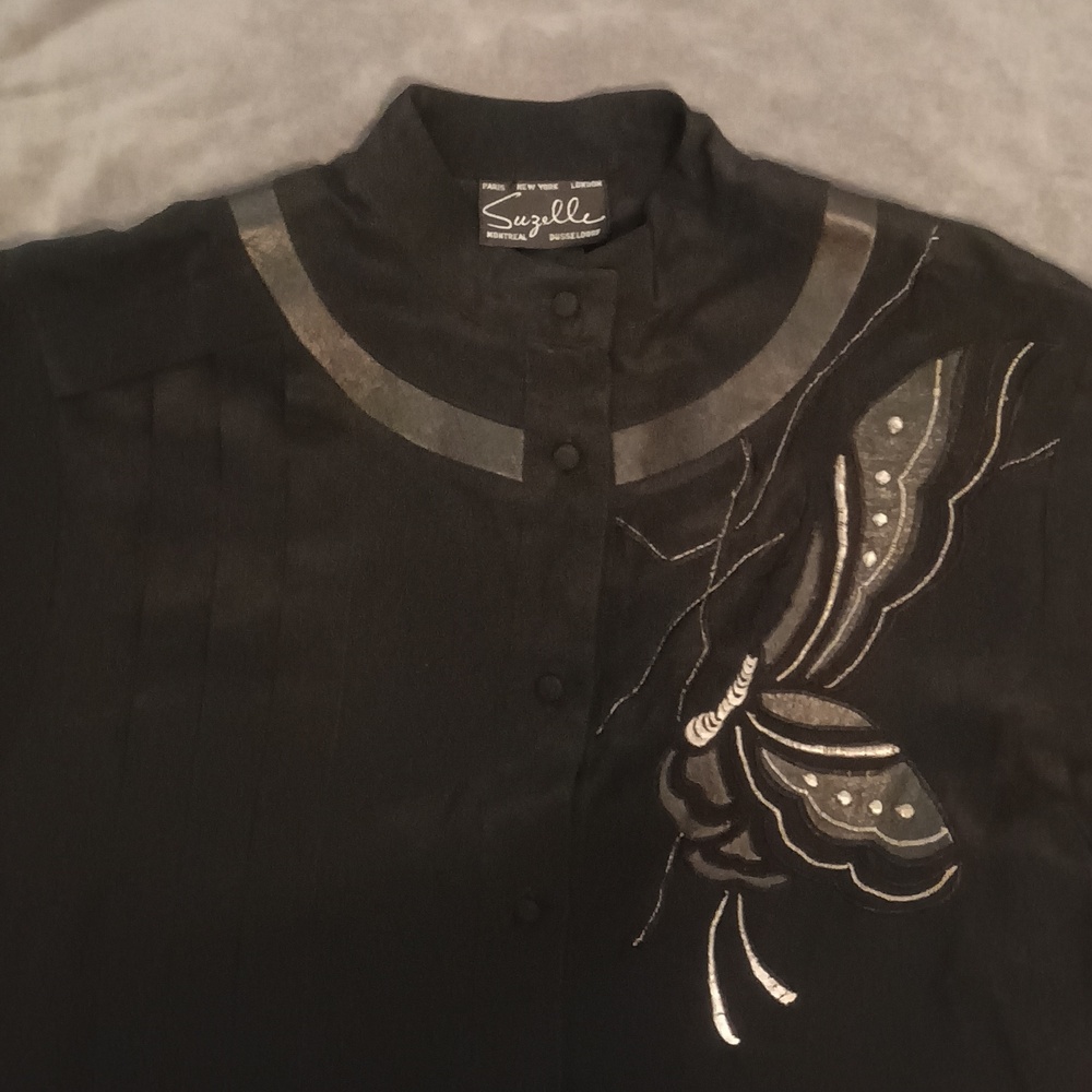 Vintage Black Silk Blouse - Suzelle - Sz 4 - Embroidered Butterfly - Whimisigoth